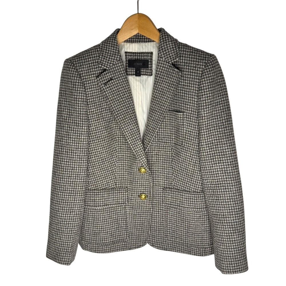 J.Crew Houndstooth Wool Regent Blazer Gold Crest Button Classic Jacket Sz 10